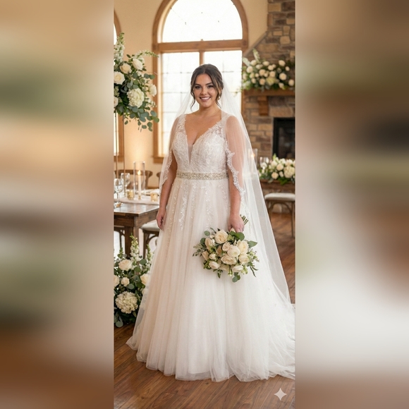 Abaowedding White Wedding Gown Lace Tulle Applique Illusion V Neck NWT - Picture 4 of 12